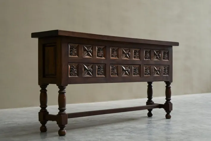 Pamono Spanish Style Sideboard in Hand Carved Walnut and Wrought Iron, 1940s New