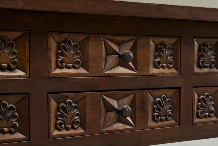 Pamono Spanish Style Sideboard in Hand Carved Walnut and Wrought Iron, 1940s New