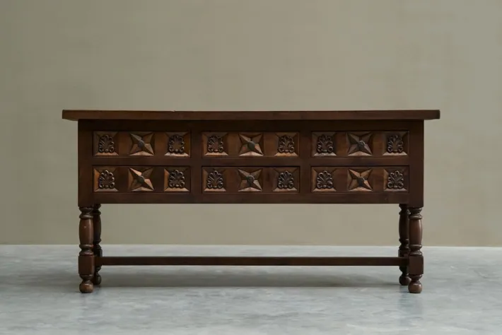 Pamono Spanish Style Sideboard in Hand Carved Walnut and Wrought Iron, 1940s New
