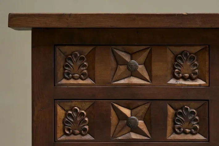 Pamono Spanish Style Sideboard in Hand Carved Walnut and Wrought Iron, 1940s New