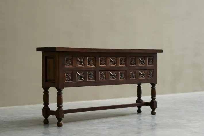 Pamono Spanish Style Sideboard in Hand Carved Walnut and Wrought Iron, 1940s New