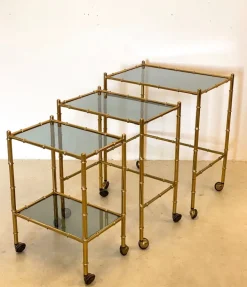 Pamono Stackable Trolleys in Brass & Faux Bamboo 1970s, Set of 3 Hot