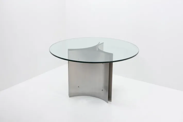 Pamono Steel and Glass Dining Table attributed to Michel Boyer, France, 1970s