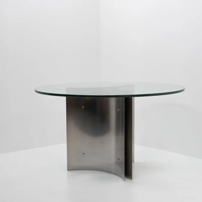 Pamono Steel and Glass Dining Table attributed to Michel Boyer, France, 1970s