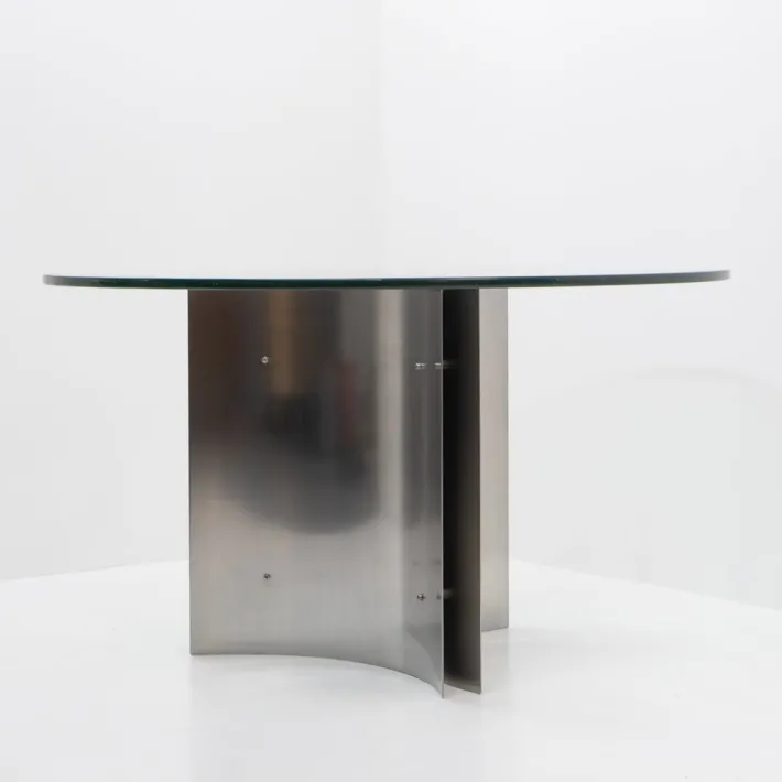 Pamono Steel and Glass Dining Table attributed to Michel Boyer, France, 1970s