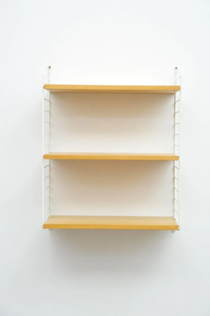 Pamono String Shelving System in Ash with 2 Ladders by Kajsa and Nisse Strinning, 1940s Hot