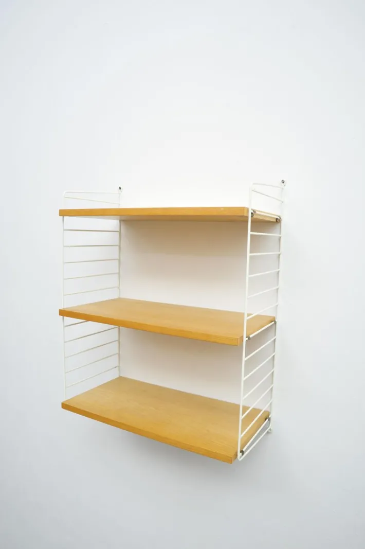 Pamono String Shelving System in Ash with 2 Ladders by Kajsa and Nisse Strinning, 1940s Hot