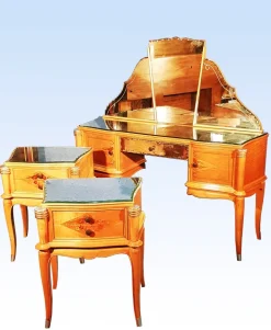Pamono Sycamore Dressing Table and Nightstands Set by Jules Leleu, 1940s, Set of 3 Clearance