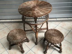 Pamono Table and 2 Wicker Stools 1960s, Set of 3 New
