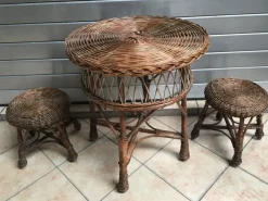 Pamono Table and 2 Wicker Stools 1960s, Set of 3 New