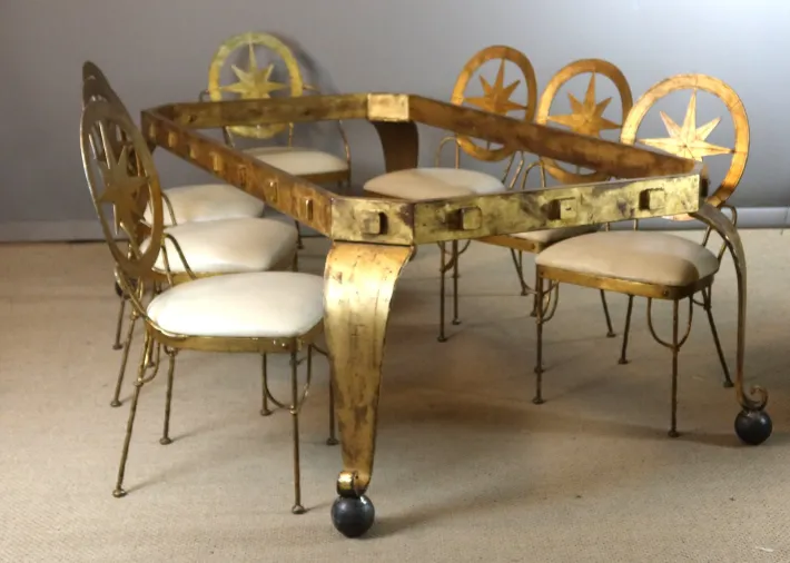 Pamono Table and Chairs in Gilded Iron, Set of 9