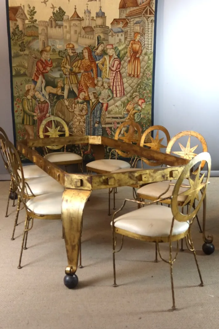 Pamono Table and Chairs in Gilded Iron, Set of 9