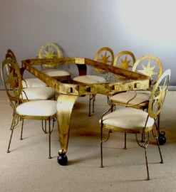 Pamono Table and Chairs in Gilded Iron, Set of 9