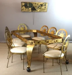 Pamono Table and Chairs in Gilded Iron, Set of 9