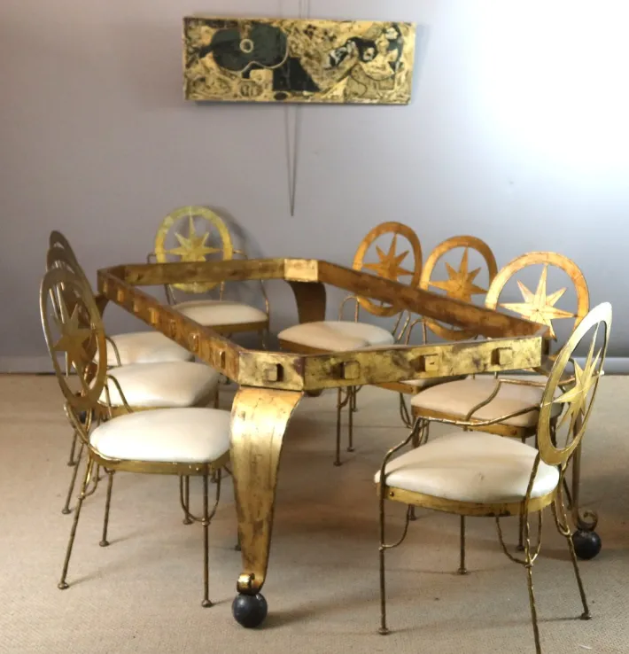Pamono Table and Chairs in Gilded Iron, Set of 9