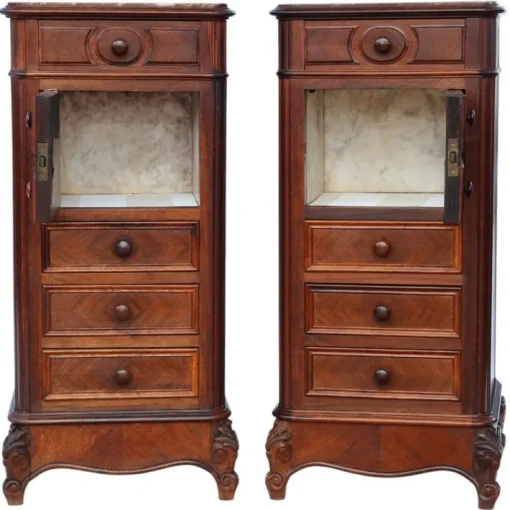 Pamono Tall Antique Parquetry Veneer Bedside Tables, 1910s, Set of 2 Sale