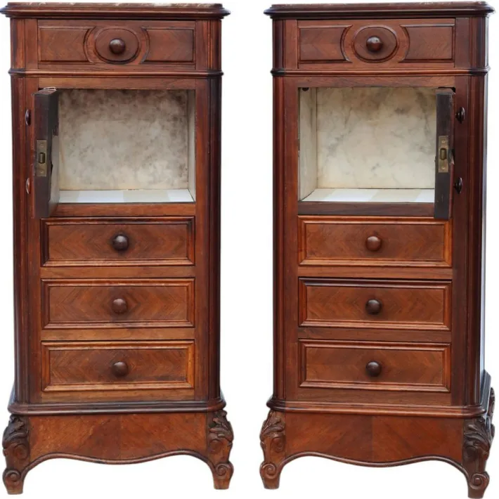 Pamono Tall Antique Parquetry Veneer Bedside Tables, 1910s, Set of 2 Sale