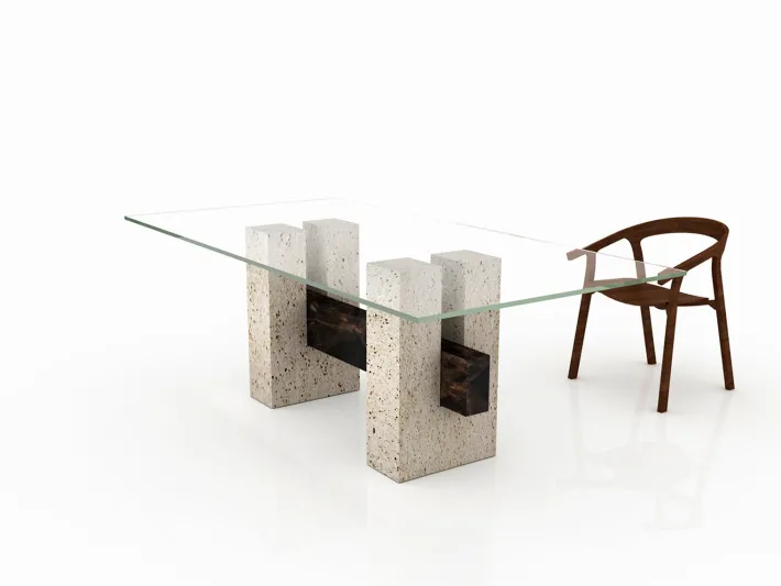 Pamono Tapies Dining Table in Natural Travertine Marble with Oxide Slate Crossbar by Joaquín Moll for Meddel Best