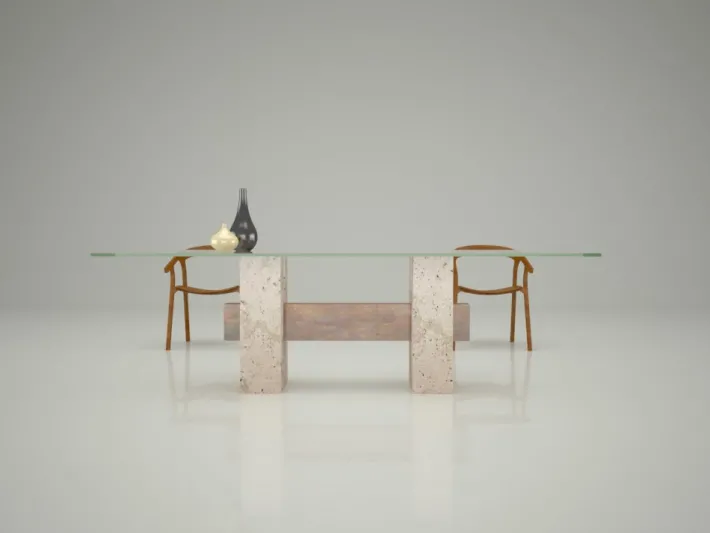 Pamono Tapies Dining Table in Natural Travertine Marble with Oxide Slate Crossbar by Joaquín Moll for Meddel Best
