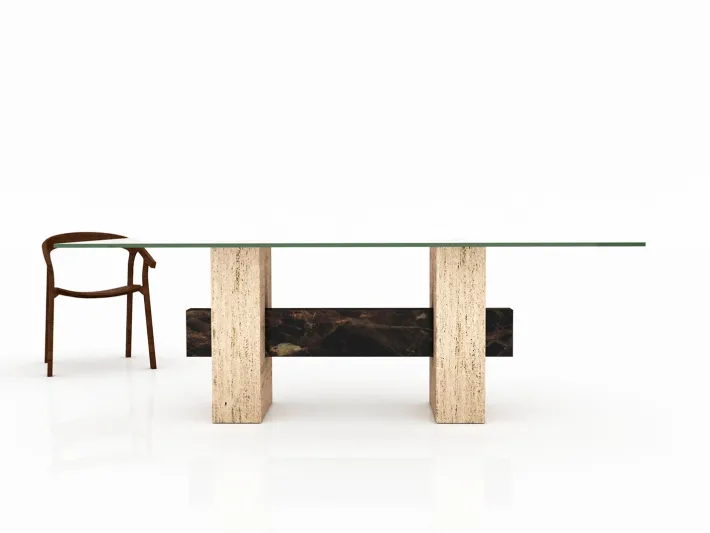 Pamono Tapies Dining Table in Natural Travertine Marble with Oxide Slate Crossbar by Joaquín Moll for Meddel Best