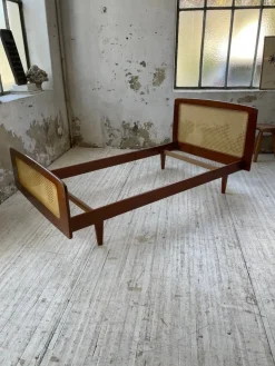 Pamono Teak and Cane Bed attributed to Roger Landault, 1960s New