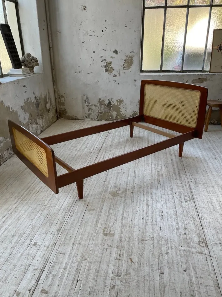 Pamono Teak and Cane Bed attributed to Roger Landault, 1960s New