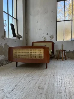 Pamono Teak and Cane Bed attributed to Roger Landault, 1960s New