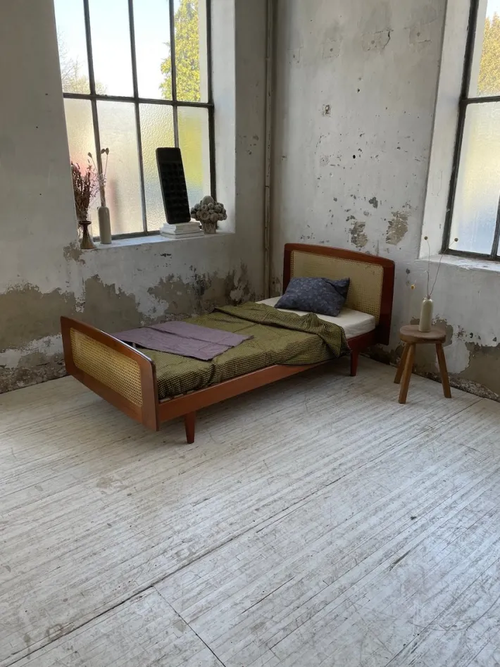 Pamono Teak and Cane Bed attributed to Roger Landault, 1960s New