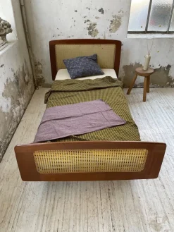 Pamono Teak and Cane Bed attributed to Roger Landault, 1960s New