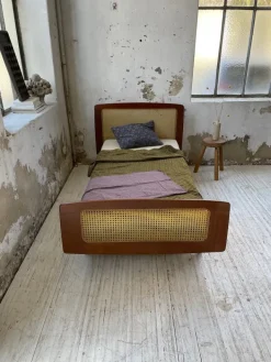 Pamono Teak and Cane Bed attributed to Roger Landault, 1960s New