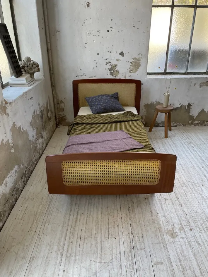 Pamono Teak and Cane Bed attributed to Roger Landault, 1960s New