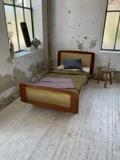 Pamono Teak and Cane Bed attributed to Roger Landault, 1960s New