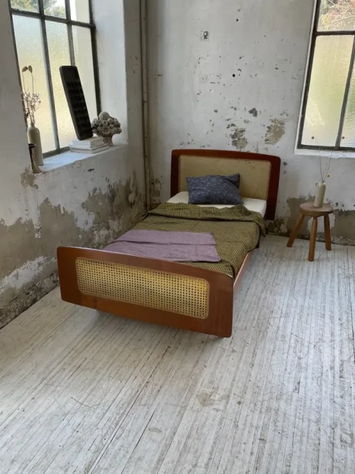 Pamono Teak and Cane Bed attributed to Roger Landault, 1960s New