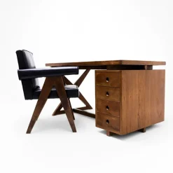 Pamono Teak and Leather Frame Desk and PJ SI 30 A Committee Chair attributed to Pierre Jeanneret, Chandigarh, India, 1960s, Set of 2 Sale