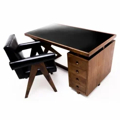 Pamono Teak and Leather Frame Desk and PJ SI 30 A Committee Chair attributed to Pierre Jeanneret, Chandigarh, India, 1960s, Set of 2 Sale
