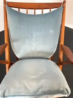 Pamono Teak Rocking Chair with Mohair Velvet Cover in Ice Blue by Frank Reenskaug for Bramin, Denmark, 1960s Clearance