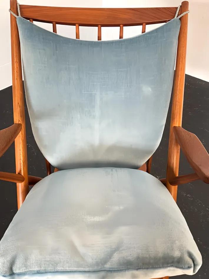 Pamono Teak Rocking Chair with Mohair Velvet Cover in Ice Blue by Frank Reenskaug for Bramin, Denmark, 1960s Clearance