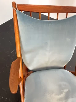 Pamono Teak Rocking Chair with Mohair Velvet Cover in Ice Blue by Frank Reenskaug for Bramin, Denmark, 1960s Clearance