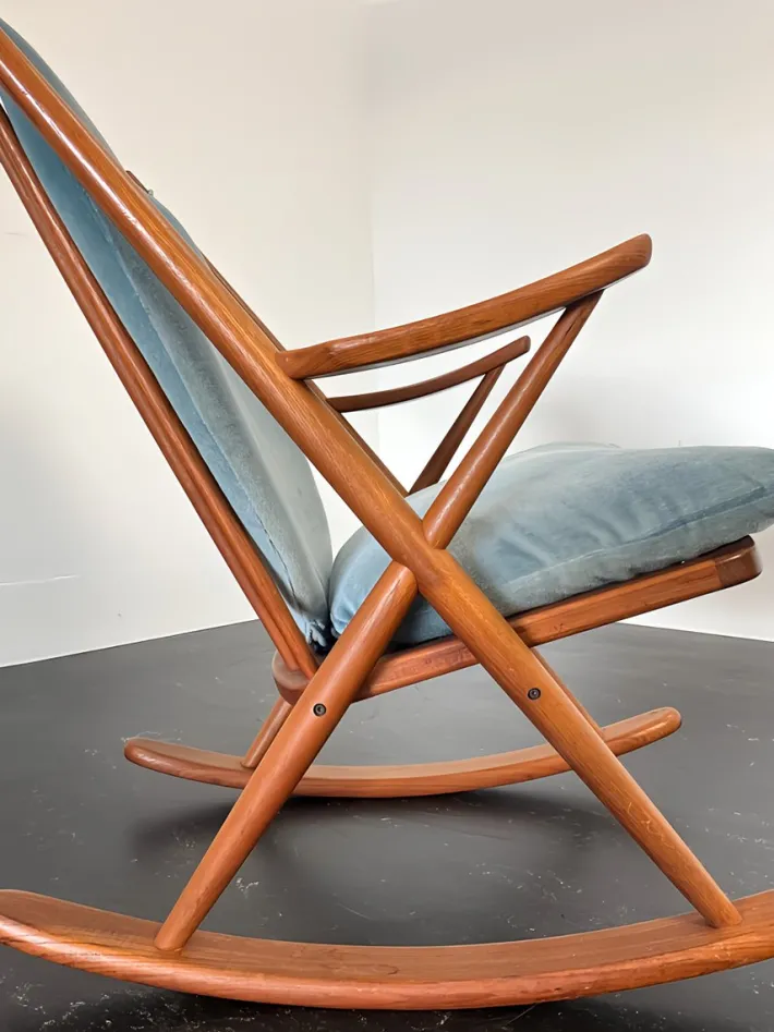 Pamono Teak Rocking Chair with Mohair Velvet Cover in Ice Blue by Frank Reenskaug for Bramin, Denmark, 1960s Clearance