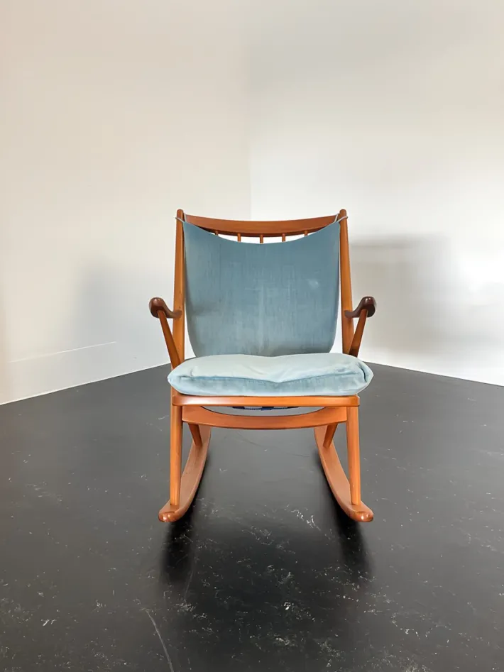 Pamono Teak Rocking Chair with Mohair Velvet Cover in Ice Blue by Frank Reenskaug for Bramin, Denmark, 1960s Clearance