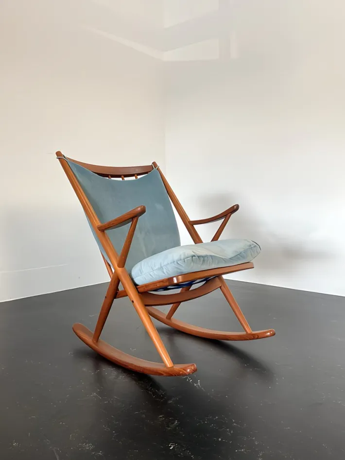 Pamono Teak Rocking Chair with Mohair Velvet Cover in Ice Blue by Frank Reenskaug for Bramin, Denmark, 1960s Clearance