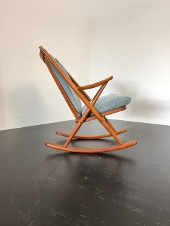 Pamono Teak Rocking Chair with Mohair Velvet Cover in Ice Blue by Frank Reenskaug for Bramin, Denmark, 1960s Clearance