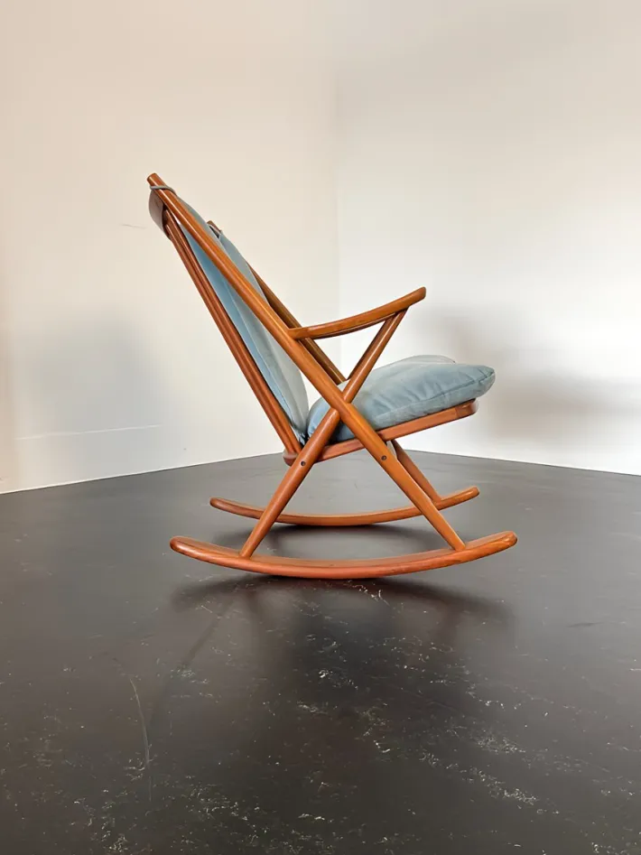 Pamono Teak Rocking Chair with Mohair Velvet Cover in Ice Blue by Frank Reenskaug for Bramin, Denmark, 1960s Clearance