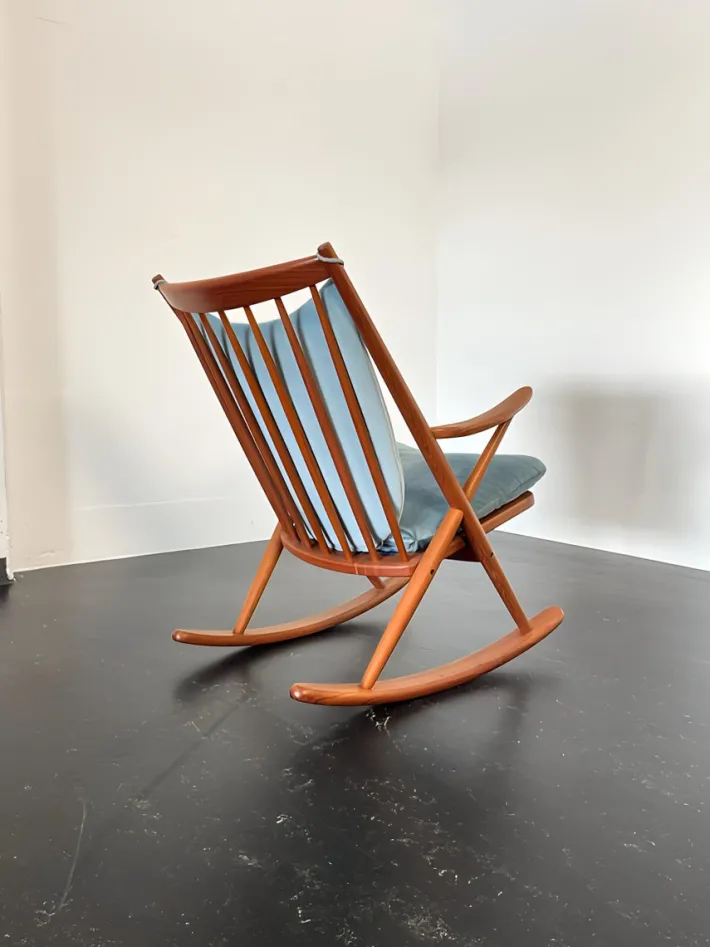 Pamono Teak Rocking Chair with Mohair Velvet Cover in Ice Blue by Frank Reenskaug for Bramin, Denmark, 1960s Clearance