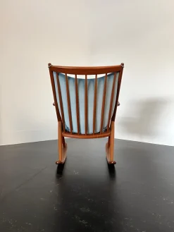 Pamono Teak Rocking Chair with Mohair Velvet Cover in Ice Blue by Frank Reenskaug for Bramin, Denmark, 1960s Clearance
