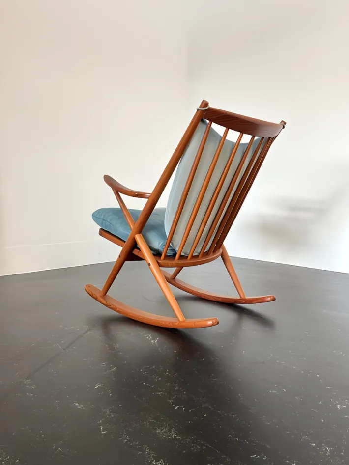 Pamono Teak Rocking Chair with Mohair Velvet Cover in Ice Blue by Frank Reenskaug for Bramin, Denmark, 1960s Clearance