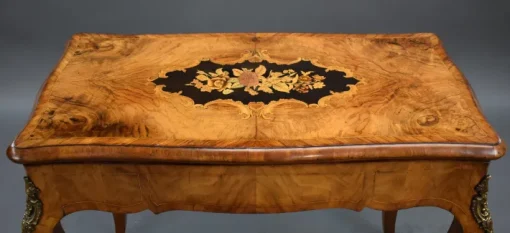 Pamono 19th Century English Victorian Burl Walnut and Marquetry Inlaid Card Table, 1860s Outlet