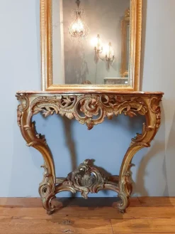 Pamono 19th Century Gilt Wood Rococo Console Table with Red Marble Top New