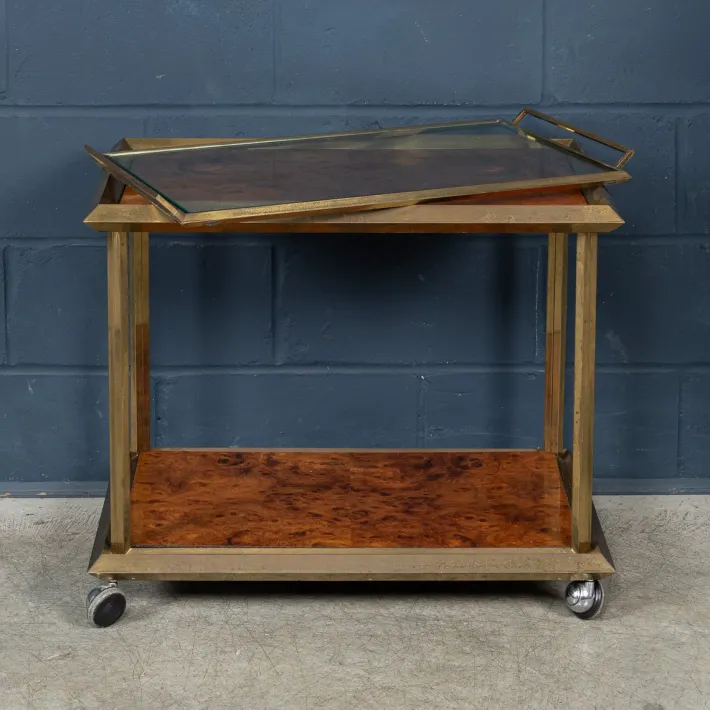 Pamono 20th Century Italian Brass & Burr Walnut Drinks Trolley, 1970s Hot