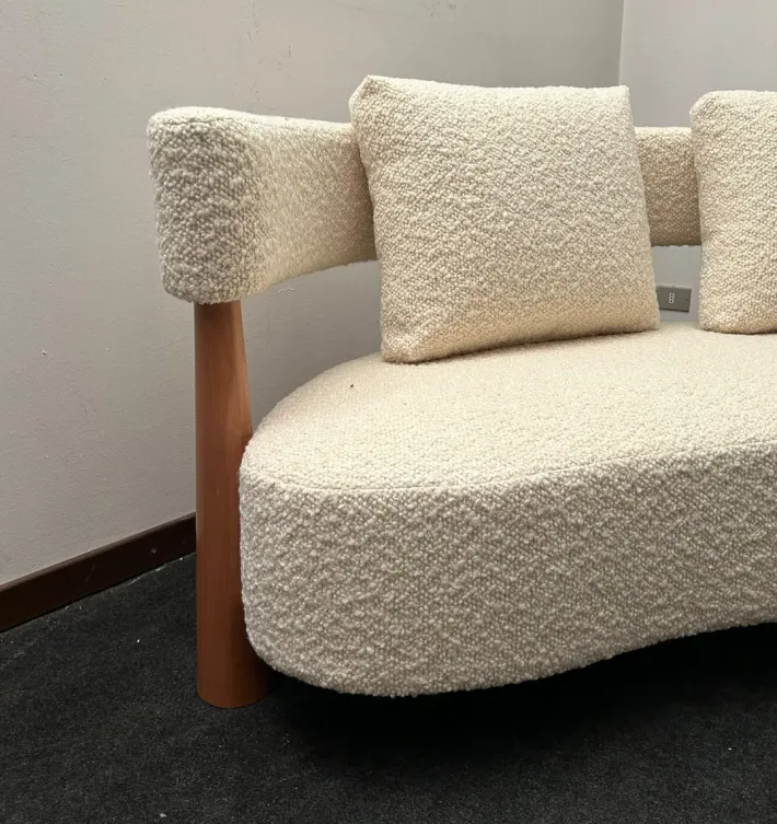 Pamono Three-Seater Sofa with Conical Legs in White Bouclé Wood, 2000s